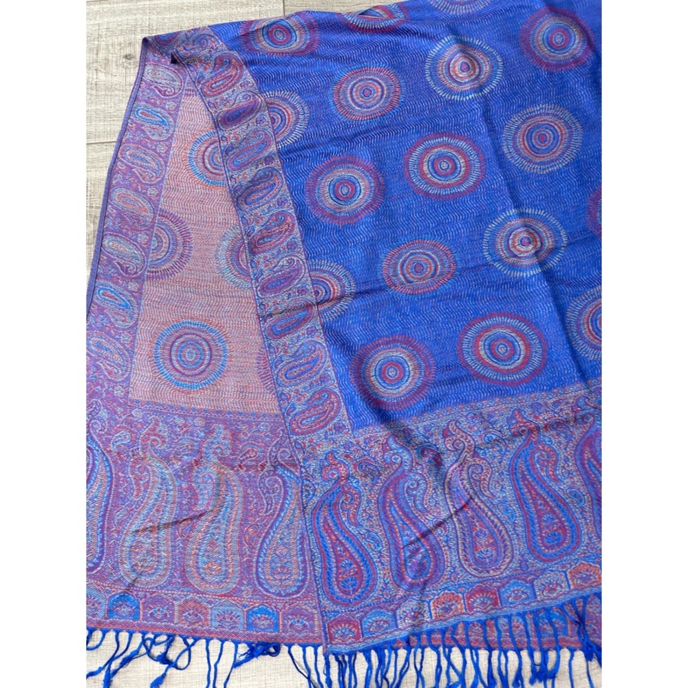 Blue Paisley Pashmina Style Scarf Reversible Fringe Wrap Shawl Boho Lightweigh